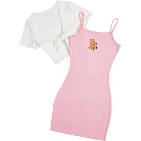 OYOANGLE Girl's 2 Piece Outfits Cute Print Cami Dresses and Short Sleeve Rib Knit Tie Front Top Sets