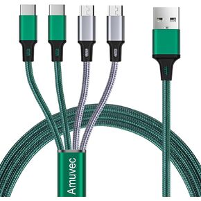 Multi Android Charger Cable, Amuvec [3A 4FT 2-Pack] 4 in 1 USB Fast Charging Nylon Braided Cord with 2 Micro USB 2 Type C Port Connectors Compatible Cell Phones Tablets and More