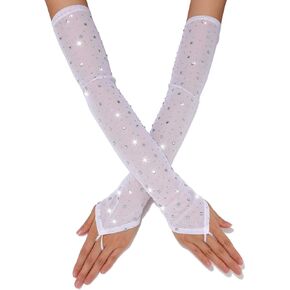 Long Rhinestone Fingerless Gloves Sparkly Tulle Sheer Gloves Party Stretch Prom Accessories for Women and Girls