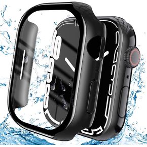 YMHML Waterproof Case Compatible for Apple Watch Series 8 Series 7 45mm with Tempered Glass Screen Protector, Hard PC Full Coverage Touch Sensitive Protective Cover for iWatch 8/7 Accessories, Black