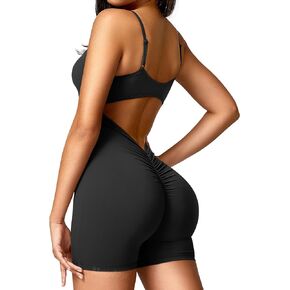 VOYJOY Scrunch Jumpsuits for Women Backless V Back One Piece Workout Jumpsuits Spaghetti Strap Padded Short Romper