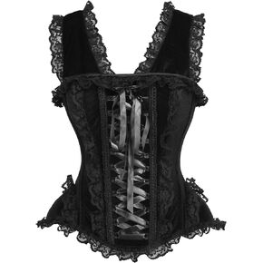 Daisy corsets Womens Top Drawer Black Velvet & Lace Steel Boned Corset W/Cap SleevesCorset
