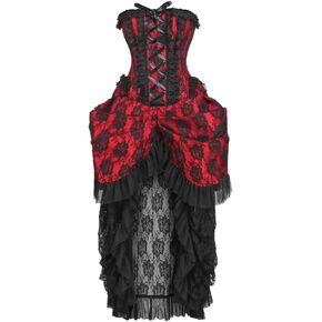 Daisy corsets womens Top Drawer Steel Boned Red W/Black Lace Bustle Corset Dress
