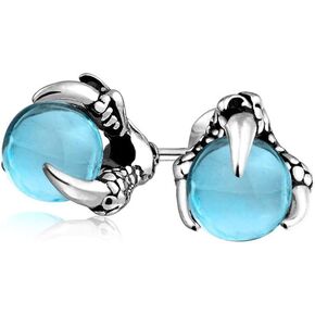 Gothic Punk Rocker Biker Jewelry Aqua Blue Translucent Ball Orb Dragon Claw Stud Earrings For Men For Women Silver Tone Black Oxidized Stainless Steel