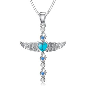 LUHE Angel Wings Cross Necklace for Women 925 Sterling Silver Moonstone/Turquoise Pendant Necklace Cross Jewelry Gifts for Girls