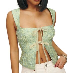 Women Lace Up Bandeau Tank Top Floral Print Wrapped Sleeveless Cross Bandage Backless Cami Vest Going Out Tops