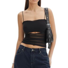 Women's Mesh Tank Top Spaghetti Strap Sleeveless Square Neck Cami Tops Y2K Going Out Camisole Crop Top