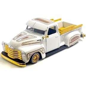 1950 Chevy 3100 Pickup Truck Lowrider White with Graphics and Gold Wheels Lowriders Series 1/25 Diecast Model Car 32545WH