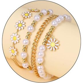 5 Piece Gold Bohemian Daisy Bracelet Set for Women Teen Girls, Preppy Polymer Clay Heishi Layered Love Beads Pearl Bangles, Gift for Women