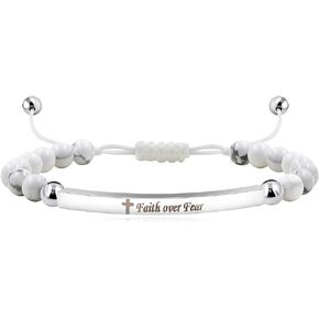 Unisex Onyx Beaded Bracelet with Adjustable Length - Features Faith and Fearlessness Engraving, Cross Symbol, and Metal Accents - Versatile Gift for Any Event