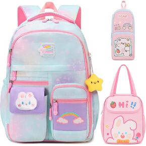 3PCS Kids Backpack for Girls, Girls Backpack Set,Cute Bunny Rainbow School Backpack with Lunch Bag Pencil Case 16.5in