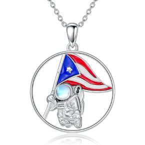 Puerto Rico Necklace 925 Sterling Silver Moonstone Astronaut Puerto Rico Flag Pendant Space Jewelry for Women Men Birthday Gifts
