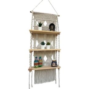 Macrame Wall Hanging Shelf - 3 Tier Wall Shelves with Handmade Woven Rope - Boho Shelves Organizer Hanger for Kitchen, Bathroom, Home Storage,(Pine Wood) in Saudi Arabia