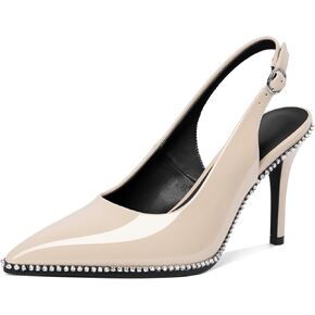 Slingback Heels Women Stilettos High Heel Rhinestones Beaded Pumps Closed Pointd Toe Shoes Slip On Event Party 3.5 Inch Dressy Sandals