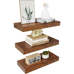 Merapi Floating Shelves, Wall Shelves Set of 3 for Bathroom, Bedroom, Thick Hanging Shelf for Wall Storage, Wall Mounted Wooden Shelves for Toilet, Kitchen, Office, Living Room Decor(Rustic, 24 Inch)