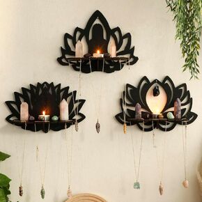 Artilady Lotus Flower Crystal Shelf -3 Pack Floating Shelves for Wall Bedroom Decor Black Cute Display Shelf for Crystals and Stones Aesthetic Boho Room Decorations Witchy Gift for Women