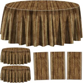 3 Pcs Wood Grain Tablecloths for Round Table Western Party Decorations Plastic Western Party Tablecover for Cowboy Party Decorations Little Cowboy Birthday Baby Shower Vintage Farmhouse, 84 x 84in