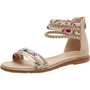 Womens Summer Rhinestone Embellished Flat Braided Shoes Studding Gladiator Sandals with Zipper Closure