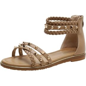Womens Summer Rhinestone Embellished Flat Braided Shoes Studding Gladiator Sandals with Zipper Closure