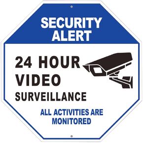 Security Alert - 24 Hour Video Surveillance Sign - 10" x 10" All Activities Are Monitored Sign- Security Warning Metal Signs for Home, Business, CCTV Security Camera, Indoor Outdoor Use (Blue)
