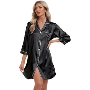 Women's Satin Nightgown Button Down Sleep Shirt 3/4 Sleeve Sleepwear V-Neck Pajama Dress Boyfriend Style Nightshirt