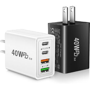 USB C Charger Block, 40W 4-Port USB C Wall Charger, 2 Pack Fast Charging Block Dual Port PD Power Adapter + QC Wall Plug Multiport Type C for iPhone 15 Plus 14 13 12 11 Pro Max XS XR 8 7, Samsung