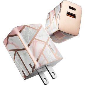 شاحن حائط i-Blason سريع USB C، محول طاقة مدمج 20 وات PD 3.0 USB قابل للطي مع منفذين متوافق مع iPhone 15/ iPhone 14/iPhone 13/MagSafe Charger/iPad/Samsung Galaxy S23 (رخام) in Kuwait