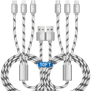 10Ft Multi Charging Cable 3A 2Pcs 3 in 1 Braided USB Fast Charger Cable with iP/Micro USB/Type C Adapter Port for Cell Phones/iP 13 12 11 Xs X Xr 8 7 6/Samsung Galaxy/Pixel/LG/Tablet/HTC/Sony and More