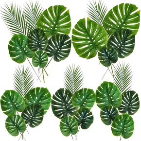 Winlyn 27 Pcs Assorted Faux Tropical Leaf Stems Set Decorative Real Touch Artificial Monstera and Palm Leaves Greenery for Jungle Hawaiian Luau Safari Beach Tiki Theme Party Summer Wedding Home Décor