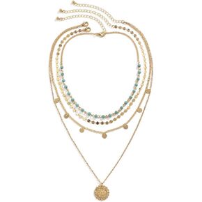 Gold Layered Turquoise Necklace for Women Girls Boho Layered Stacked Pendant Necklace Turquoise Coin Long Necklace Summer Jewelry Pearl Vintage Pendant Necklace Gifts