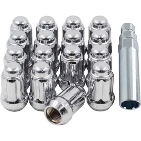 Wheel Accessories Parts Set of ATV/UTV 16 Chrome 12x1.5 Lug Nuts 1.38" Long for Car Small Diameter Bulge Acorn Spline Lug Nuts Cone Seat Locking with Key (M12 x 1.5, Chrome)