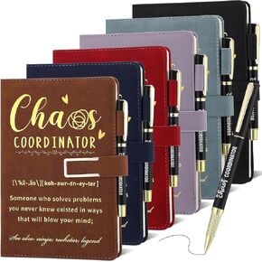 6 Sets Chaos Coordinator Gifts Employee Appreciation Gifts Bulk Include A5 Leather Journal Notebook with Metal Buckle Ballpoint Pen Ideal Gifts for Women Men Teachers Coworker Leader