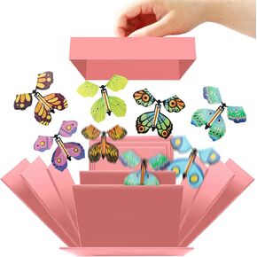 JarThenaAMCS Butterfly Explosion Gift Box Explosion Pink Paper Box with Flying Butterfly Surprise Candy Treat Box for Birthday Party, Cake for Delivery Supplies, 5.9 x 5.9 x 5.9 Inch
