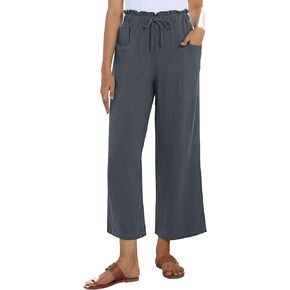 siliteelon Wide Leg Linen Pants for Women Summer Capri Palazzo Flowy Pants Casual Loose High Waist Trousers with Pockets
