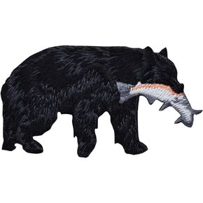 Black Bear Catching Fish Embroidered Iron on Patch