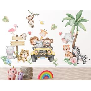 Cartoon Animal Wall Stickers Watercolor Jungle Animal Wall Decals DIY Removable Car Monkey Elephant Giraffe Tiger Hippo Zebra Lion Flamingo Bee Butterfly Stickers for Kids Nursery Bedroom