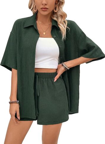 MakeMeChic Women's 2 Piece Outfits Casual Short Sleeve Collared Neck Button Down Blouse Shirts and Shorts Matching Sets in Saudi Arabia