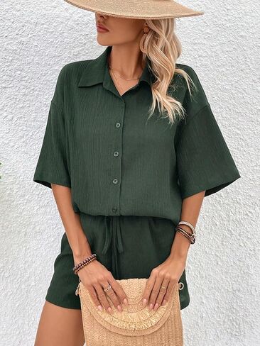 MakeMeChic Women's 2 Piece Outfits Casual Short Sleeve Collared Neck Button Down Blouse Shirts and Shorts Matching Sets in Saudi Arabia