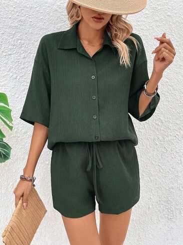 MakeMeChic Women's 2 Piece Outfits Casual Short Sleeve Collared Neck Button Down Blouse Shirts and Shorts Matching Sets in Saudi Arabia