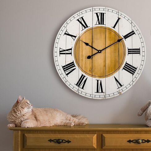 BEW Large Wall Clocks for Living Room Decor, Silent Non-Ticking Battery Operated Analog Wall Clock, 24 Inch Rustic White Farmhouse Shiplap Wood Decorate Wall Clock in Saudi Arabia