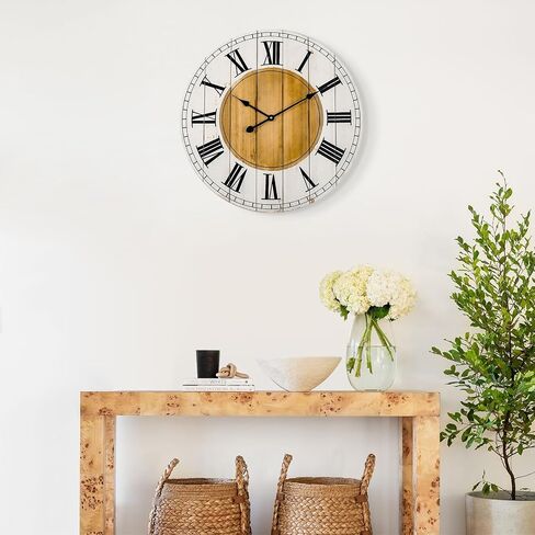 BEW Large Wall Clocks for Living Room Decor, Silent Non-Ticking Battery Operated Analog Wall Clock, 24 Inch Rustic White Farmhouse Shiplap Wood Decorate Wall Clock in Saudi Arabia