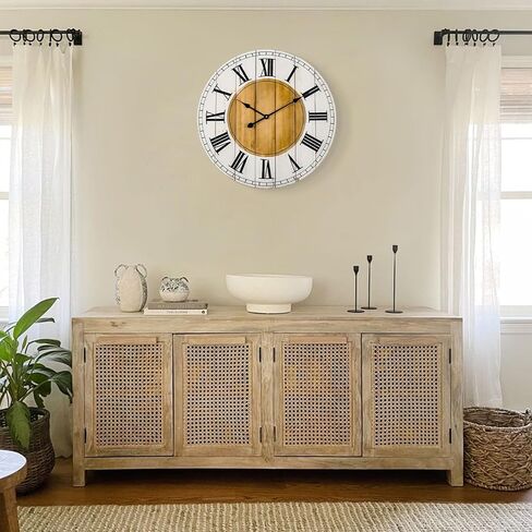 BEW Large Wall Clocks for Living Room Decor, Silent Non-Ticking Battery Operated Analog Wall Clock, 24 Inch Rustic White Farmhouse Shiplap Wood Decorate Wall Clock in Saudi Arabia