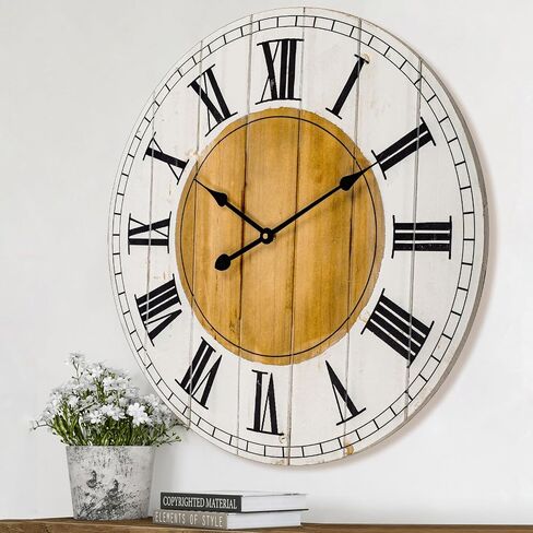 BEW Large Wall Clocks for Living Room Decor, Silent Non-Ticking Battery Operated Analog Wall Clock, 24 Inch Rustic White Farmhouse Shiplap Wood Decorate Wall Clock in Saudi Arabia
