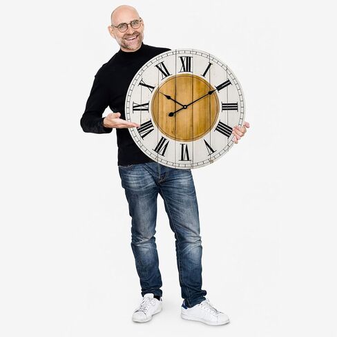 BEW Large Wall Clocks for Living Room Decor, Silent Non-Ticking Battery Operated Analog Wall Clock, 24 Inch Rustic White Farmhouse Shiplap Wood Decorate Wall Clock in Saudi Arabia