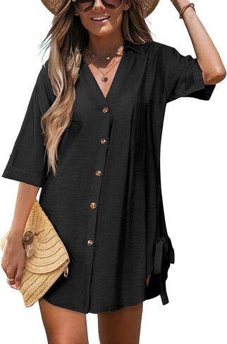 AI'MAGE Womens Bathing Suit Cover Ups 3/4 Sleeve Bikini Swimsuit Coverup Drawstring Button Down Beach Dress Shirt in Saudi Arabia