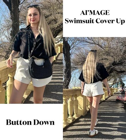 AI'MAGE Womens Bathing Suit Cover Ups 3/4 Sleeve Bikini Swimsuit Coverup Drawstring Button Down Beach Dress Shirt in Saudi Arabia