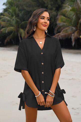 AI'MAGE Womens Bathing Suit Cover Ups 3/4 Sleeve Bikini Swimsuit Coverup Drawstring Button Down Beach Dress Shirt in Saudi Arabia