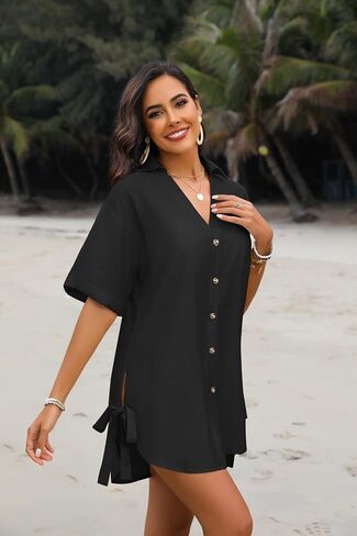 AI'MAGE Womens Bathing Suit Cover Ups 3/4 Sleeve Bikini Swimsuit Coverup Drawstring Button Down Beach Dress Shirt in Saudi Arabia