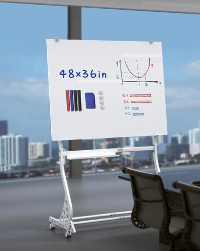 Mobile Glass Whiteboard, 48 x 36 inch Glass Board/w Height Adjustable, Large Portable Dry Erase Board with Stand and Wheels for Home, Office,Classroom &School, White in Saudi Arabia