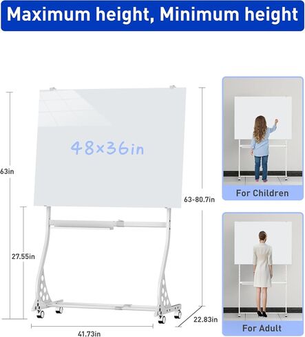 Mobile Glass Whiteboard, 48 x 36 inch Glass Board/w Height Adjustable, Large Portable Dry Erase Board with Stand and Wheels for Home, Office,Classroom &School, White in Saudi Arabia